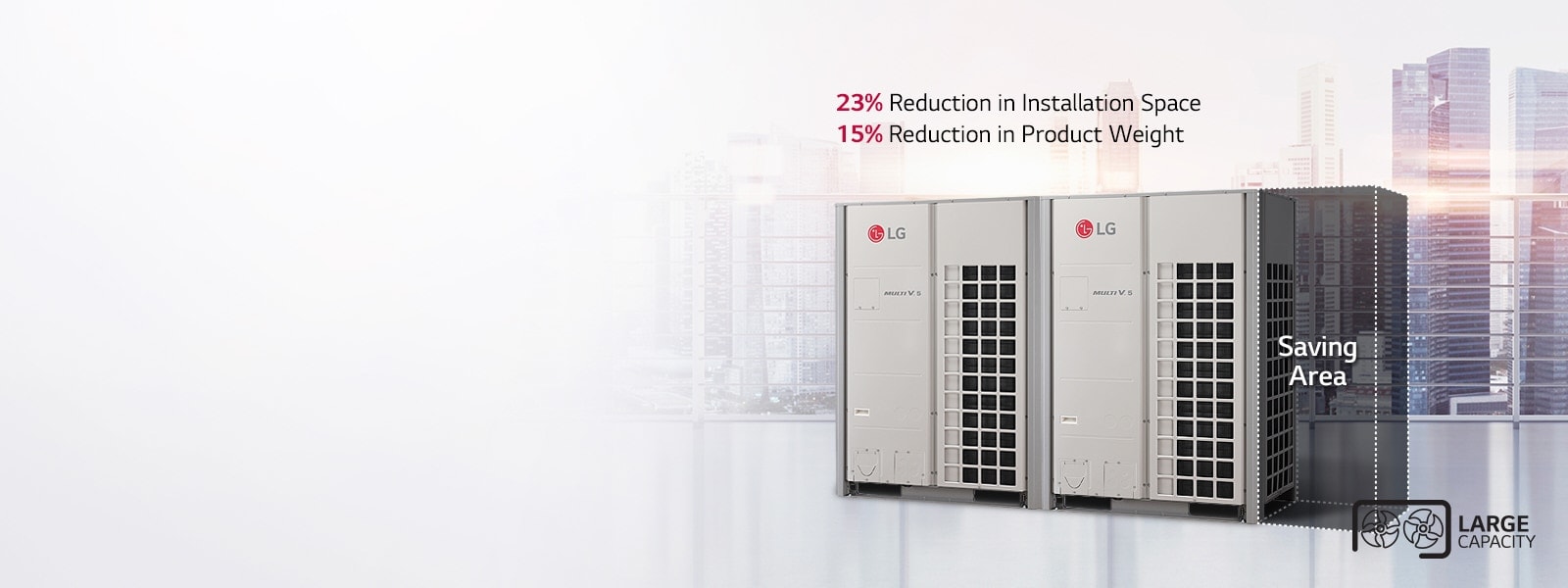 Two large capacity LG HVAC Multi V5 units with a cityscape background, showing reduced space and weight.
